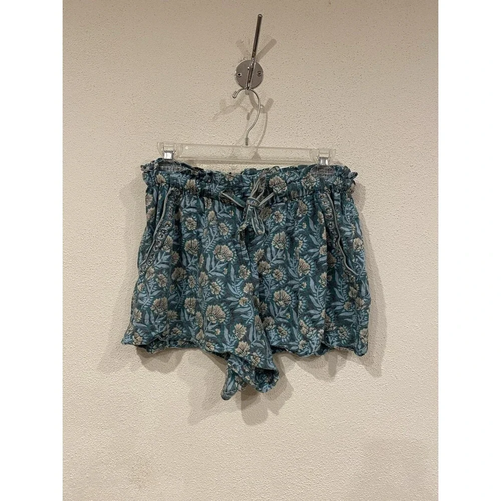 Omika Shorts Womens Medium Green Floral Paperbag Poplin Elastic Waist Casual